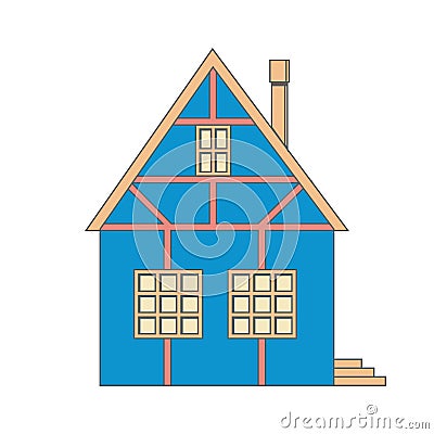 A house with a chimney on the roof. Cottage with wooden decor. Vector Illustration