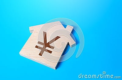 House with a chinese yuan or japanese yen symbol. Solving housing problems, deciding buy or rent real estate. Search for options, Stock Photo