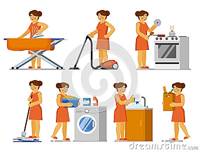 House chores set. Housewife doing house work Stock Photo