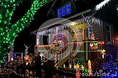 House with Christmas lights Stock Photo