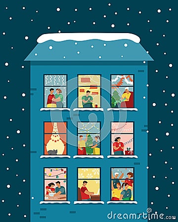House with christmas windows, people celebrate new year at home Vector Illustration
