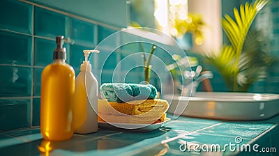 A house cleaner's toolkit transforms bathrooms, leaving behind a gleaming, sanitized space that exudes freshness Stock Photo