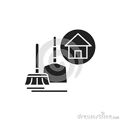 House Cleaning black glyph icon. Handyman service. Disposing of rubbish, cleaning dirty surfaces, dusting and vacuuming. Pictogram Stock Photo