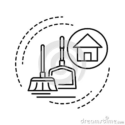 House Cleaning black line icon. Handyman service. Disposing of rubbish, cleaning dirty surfaces, dusting and vacuuming Vector Illustration