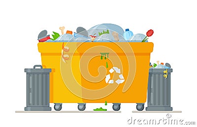 House cleaning collection of old things in the landfill. Garbage can on blue background. Vector Illustration