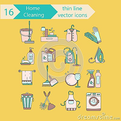 House cleaning color thin line vector icon set. Vector Illustration