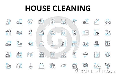 House cleaning linear icons set. Sweep, Mop, Vacuum, Dust, Scrub, Sanitize, Tidy vector symbols and line concept signs Vector Illustration