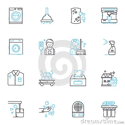 House cleaning linear icons set. Sweep, Scrub, Dust, Polish, Vacuum, Mop, Tidy line vector and concept signs. Organize Vector Illustration