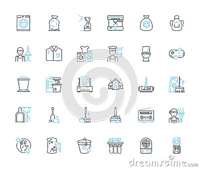 House cleaning linear icons set. Sweep, Scrub, Dust, Polish, Vacuum, Mop, Tidy line vector and concept signs. Organize Vector Illustration