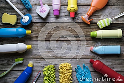 House cleaning product on wood table Stock Photo