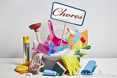 House cleaning products pile on white background Stock Photo