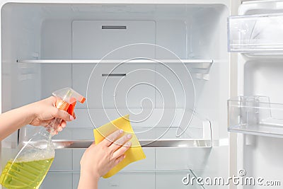 House cleaning - spray bottle with detergents for washing the fridge. Woman wipes the shelves of a clean refrigerator Stock Photo