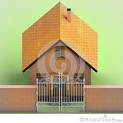 House with closed iron fence in brick wall Cartoon Illustration