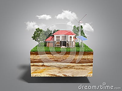 House on a clutch of land Concept of ecologically clean house 3d Stock Photo