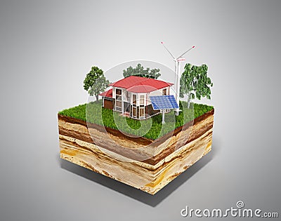 House on a clutch of land Concept of ecologically clean house 3d render on grey Stock Photo