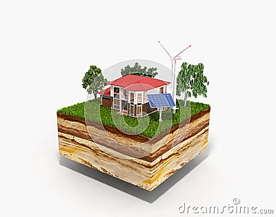 House on a clutch of land Concept of ecologically clean house 3d render on white Stock Photo