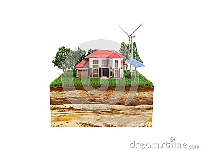 House on a clutch of land Concept of ecologically clean house 3d Stock Photo