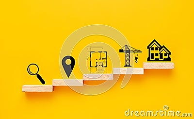 House construction concept. sequence of icons on wooden blocks - magnifier, geolocation mark, drawing, Construction crane, house. Stock Photo