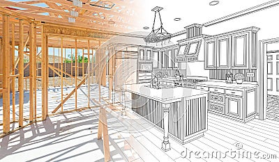 House Construction Framing Gradating Into Kitchen Design Drawing Stock Photo