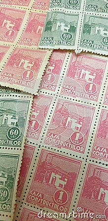 House of Construction, Romanian royal stamps for a social insurance house from the interwar period Editorial Stock Photo