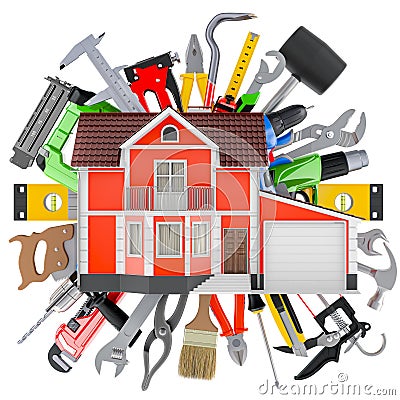 House with construction tools. Home repair, concept. 3D rendering Stock Photo