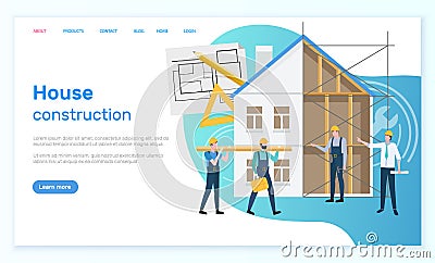 House Construction, Website with Workers Site Vector Illustration