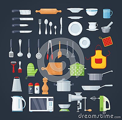 House cookware utensils for cooking, metallic and ceramic kitchen crockery. Kitchenware cooking objects, equipment for cooking Vector Illustration