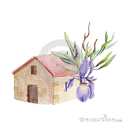 House, cottage with red roof tiles. Small village house with iris flower decor.Watercolor. Illustration. Handmade. Image Stock Photo