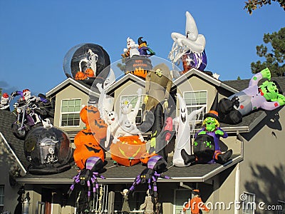 House Covered in Huge Halloween Decorations Stock Photo