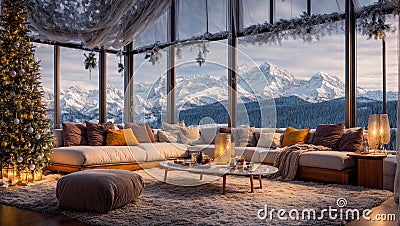 Beautiful cozy living room eco house in nature, winter windows scenery tree house Stock Photo