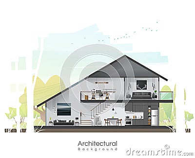 House cross section with furniture and peaceful landscape background Vector Illustration