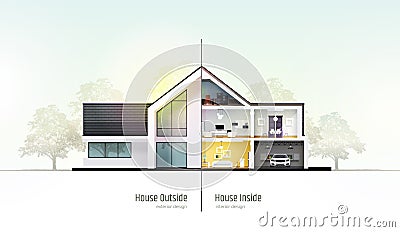 House in cross-section. Modern house, villa, cottage, townhouse with shadows. Architectural visualization of a three Vector Illustration