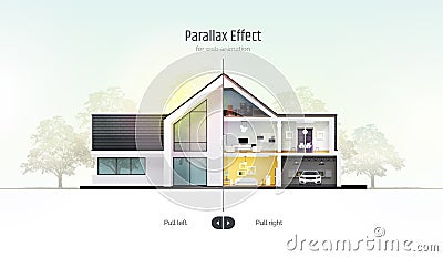 House in cross-section. Parallax Effect for Web Animation. Outside exterior inside interior. Architectural visualization Vector Illustration