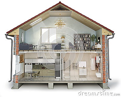 House cross section, view on bathroom, kitchen and living room Cartoon Illustration