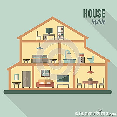 House in cut. Detailed modern house interior. Vector Illustration