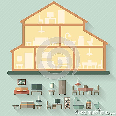 House in cut. Detailed modern house interior. Vector Illustration