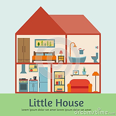 House in cut. Detailed modern house interior. Vector Illustration