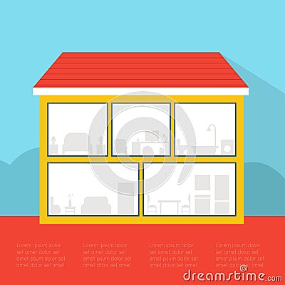 House in cut. Detailed modern house interior. Vector Illustration