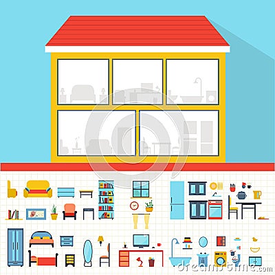 House in cut. Detailed modern house interior. Vector Illustration