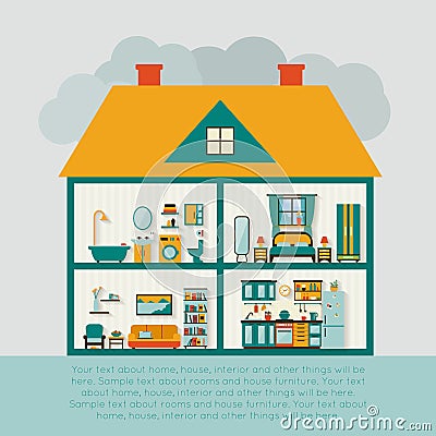 House in cut. Detailed modern house interior. Vector Illustration