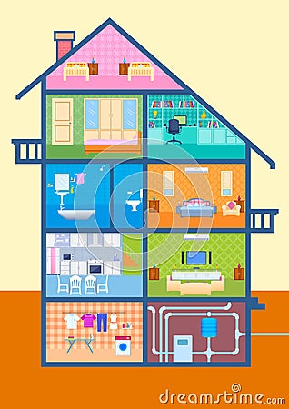 House in cut view with detailed interior and furniture Vector Illustration