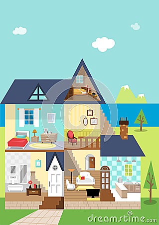 House cutaway and decoration in the daytime Cartoon Illustration