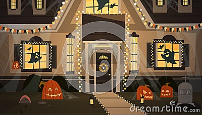 House Decorated For Halloween Home Building Front View With Different Pumpkins, Bats Holiday Celebration Concept Vector Illustration