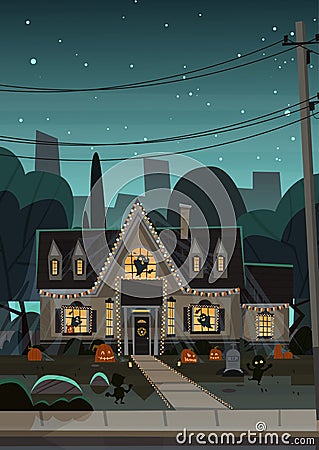 House Decorated For Halloween Home Building Front View With Different Pumpkins, Bats Holiday Celebration Concept Vector Illustration