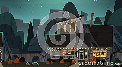 House Decorated For Halloween Home Building Front View With Different Pumpkins, Bats Holiday Celebration Concept Vector Illustration