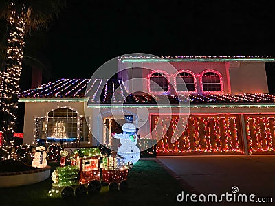 House decorated and lighted for Christmas and for New Year Eve at Nigh, California Editorial Stock Photo