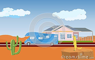 House in desert, highway and buss, flat Vector Illustration