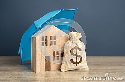 House with dollar money bag and blue umbrella. Financial security. Protect investment and be prepared for unforeseen events. Stock Photo