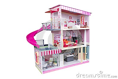 House of dolls with furniture isolated on white background. Furnished pink doll house isolated. Dollhouse. House construction with Stock Photo