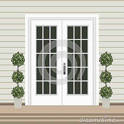 House door front with doorstep and mat, steps, window, lamp, flo Vector Illustration